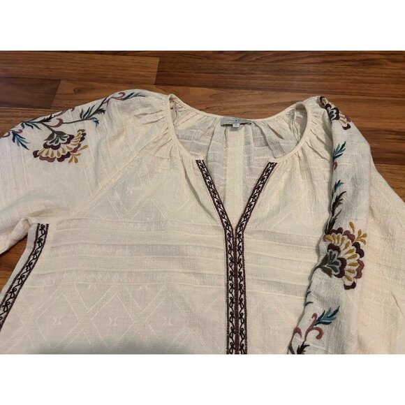 Lucky Brand Boho Peasant Top M White Embroidered Floral Long Sleeve Tunic Blouse - Picture 9 of 10